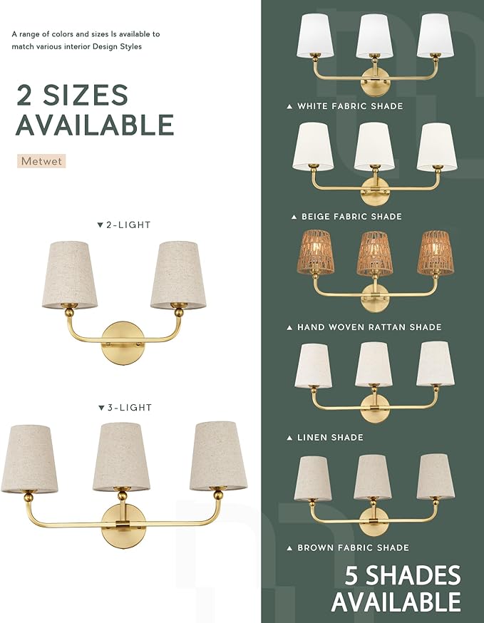3-Light Bathroom Light Fixtures, Brushed Gold Vanity Lights - Image 7