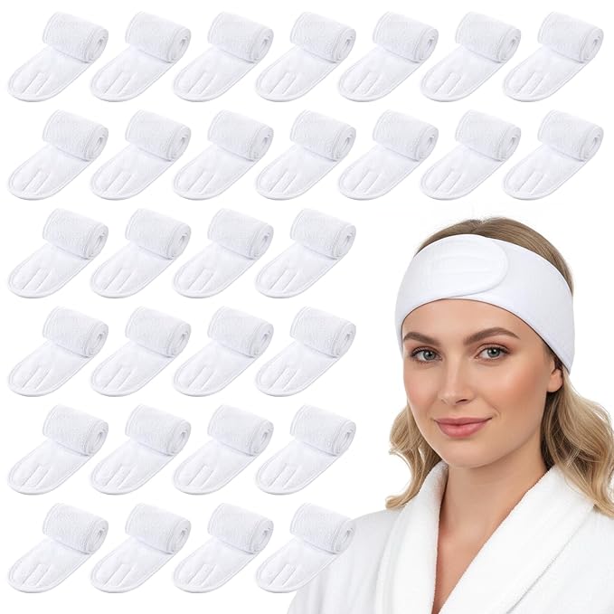 30 Pcs White Spa Headband, 23.6 x 3.3 Inch Soft Facial Headband Esthetician by Unknown
