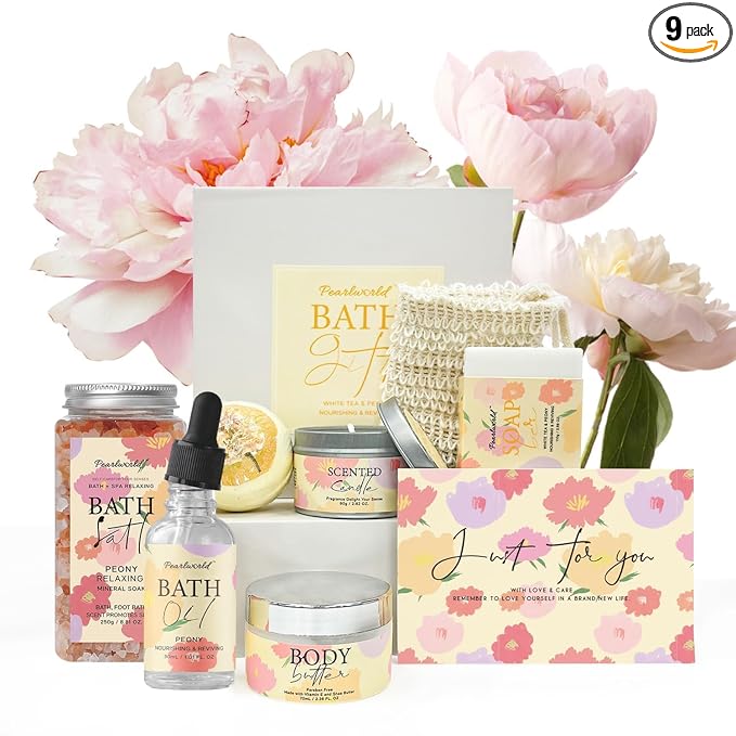 Peony Spa Gift Set for Women, Luxury 9 Pcs Bath Salts Set, Relaxation Gifts for by PEARLWORLD