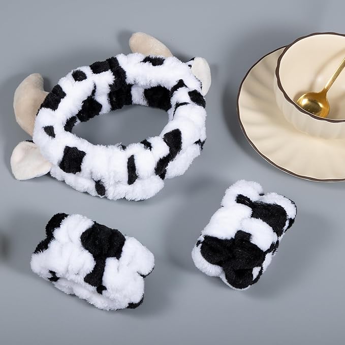 Plush Wash Face Headband Cow Print Spa Wrist Band Cuffs Hair Scrunchy Women - Image 7