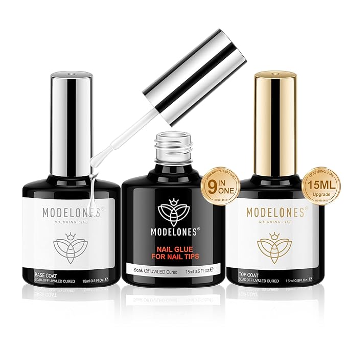 modelones X Gel Nail Glue and Top Base Coat Set, 15ML 3 PCS No Wipe Clear Gel by MODELONES