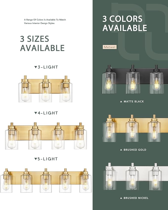 3-Light Bathroom Light Fixtures, Brushed Gold Vanity Light - Image 7