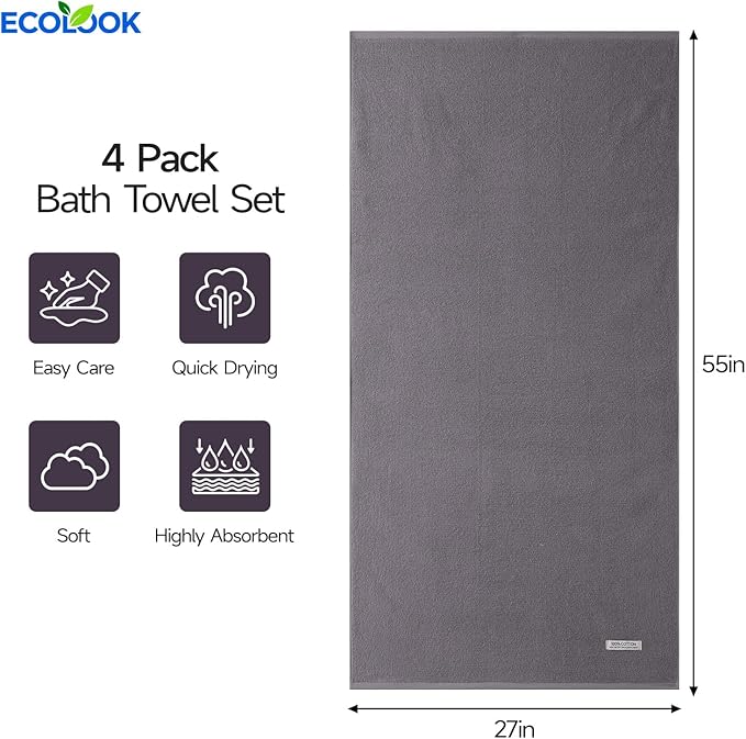 ecolook Bath Towels Set of 4, 100% Cotton, 27 x 55 Inches, Quick-Drying & - Image 3