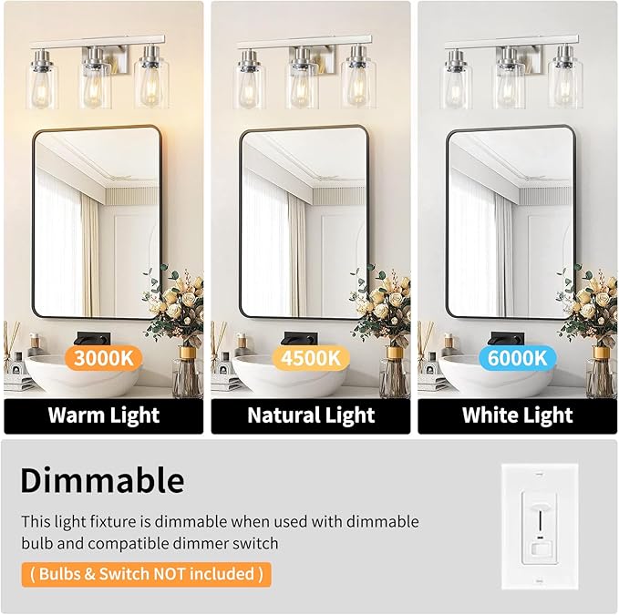 3-Light Bathroom Light Fixtures, Nickel Bathroom Vanity Light - Image 7
