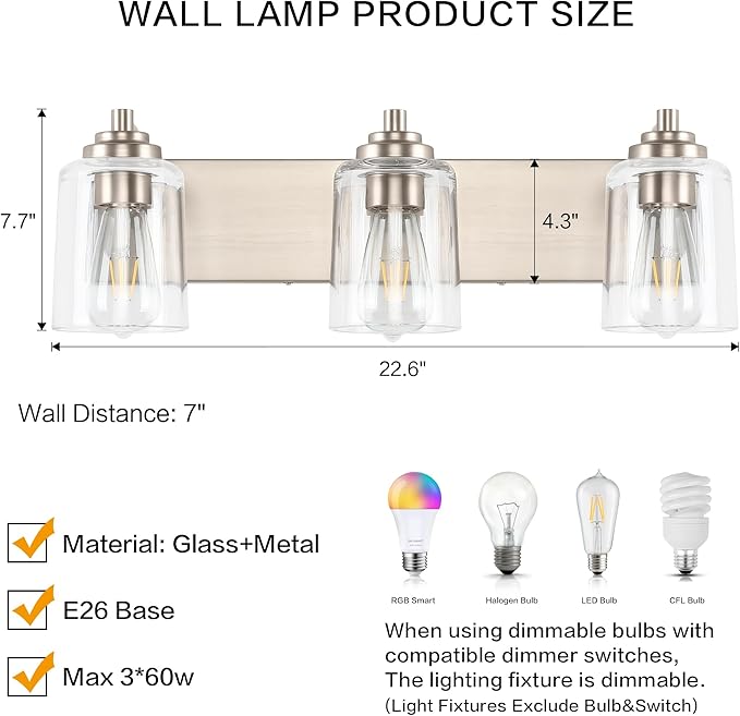 SOLFART Brushed Nickel Vanity Light Bathroom Light Fixtures Over Mirror 3 Light - Image 6