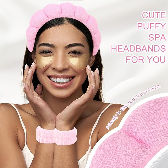 6Pcs Pink Spa Headband and Wrist Washband Set, Skincare Makeup Headband - Image 5