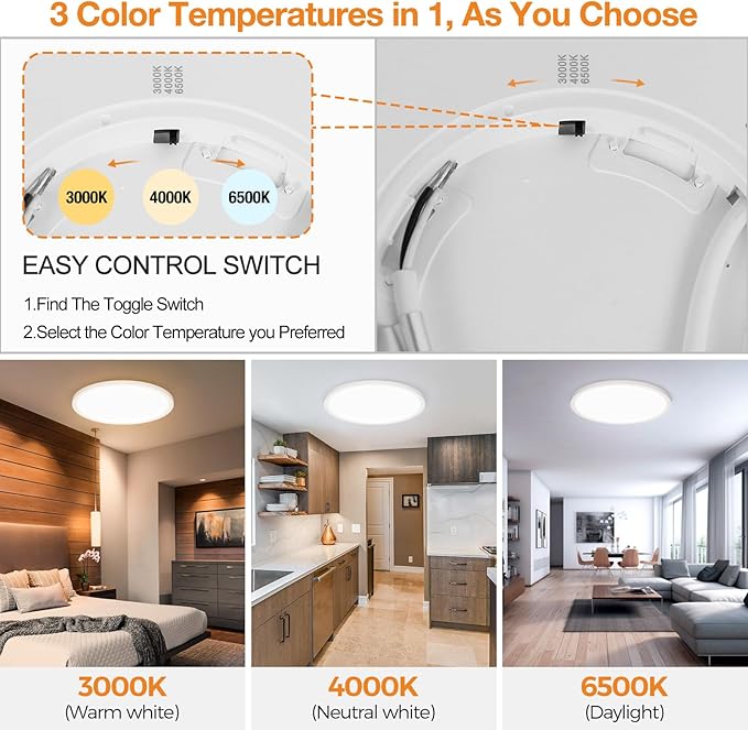 2PACK LED Flush Mount Ceiling Light Fixture, 3000K-4000K-6500K & 150W - Image 3