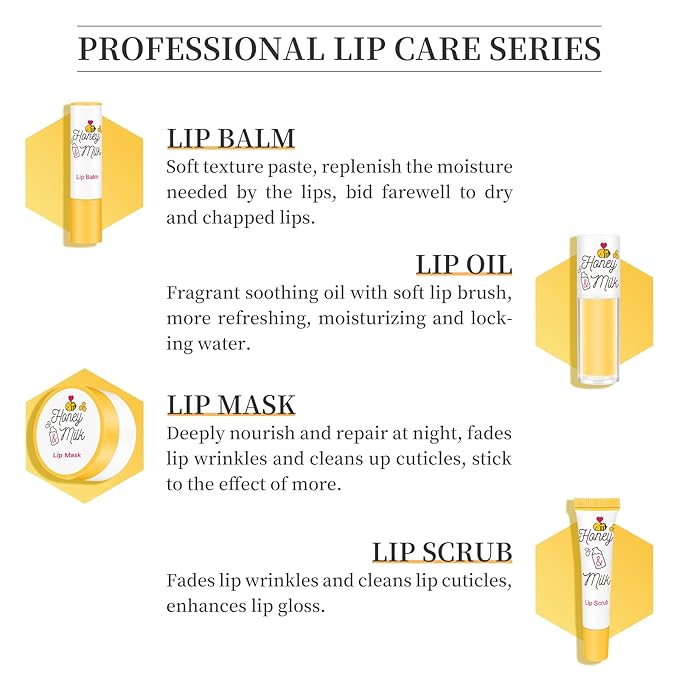 4 Piece Honey Milk Lip Mask Lip Balm Lip Scrub Lip Oil Lip Care Kit, - Image 4
