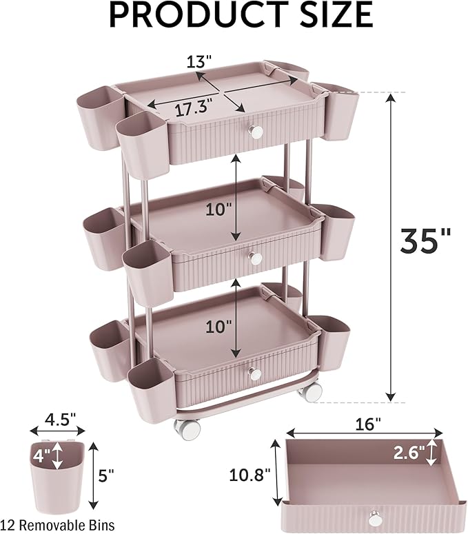 3 Tier Drawer Beauty Cart with 12 Movable Storage Organizer, Thickened ABS & - Image 2