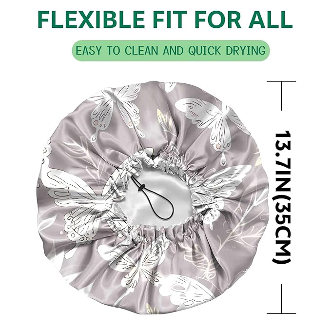 2 PCS Shower Cap Waterproof Double Layer Elastic Adjustable Reusable Hair Bath - Image 2