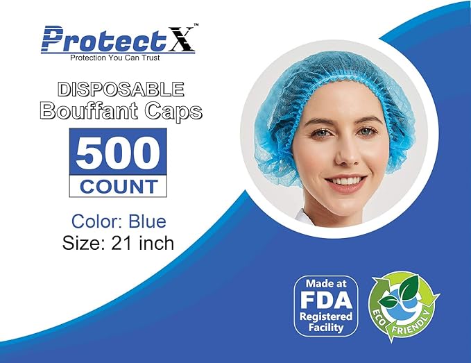 ProtectX 500-Pack Blue Disposable Hair Nets, Elastic Head Cover, Bouffant Caps - Image 3