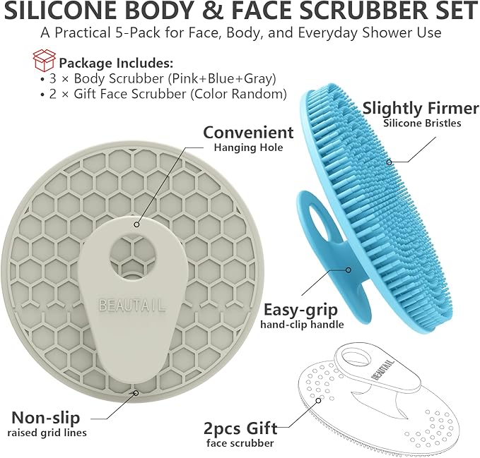 Silicone Body and Face Scrubber Set 5 Pack, BEAUTAIL Shower Bath Scrubber - Image 6
