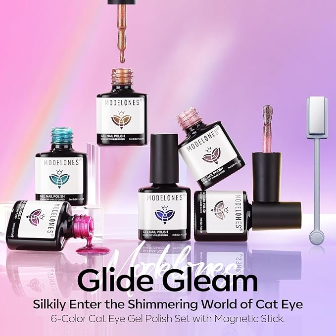 Modelones Cat Eye Gel Nail Polish Set, 6 Colors Coloful Neon Galaxy Champagne - Image 7