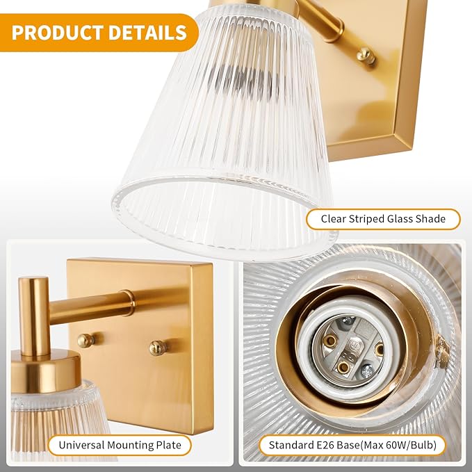 OCIOC Gold Hardwired Wall Sconces Set of Two, Modern Glass Wall Lights - Image 5