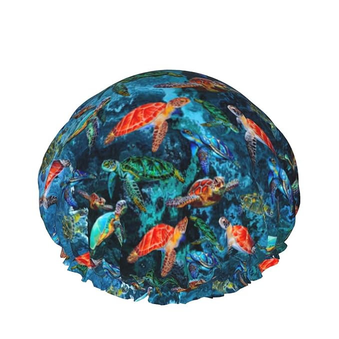 Sea Turtle Shower Cap For Women Adjustable Double Waterproof Layers Bathing by Wizfuyq