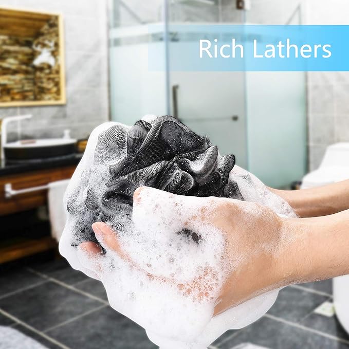 Yoget Bath Loofah Sponge, 4 Pack Black 60G Shower Mesh Ball Soft Pouf Body - Image 4