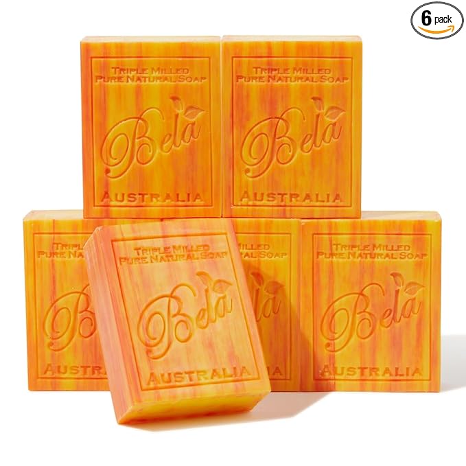 BELA French Peach Soap, 3.3 OZ Pack of 6, Long Lasting French Triple Milled Bar by BELAPURENATURALSOAPSANDODORELIMINATINGHOMEFRAGRANCES