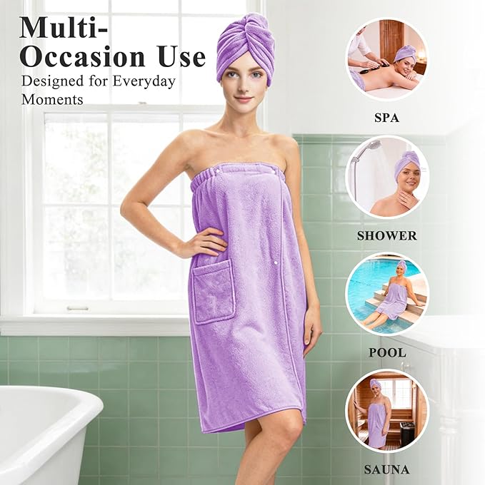 Women’s Adjustable Spa Wrap Towel Set, Microfiber Body Wrap Bathrobe - Image 5