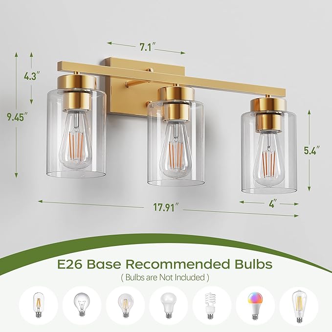 PARTPHONER 3-Light Bathroom Light Fixtures, Brushed Gold Vanity Light - Image 3