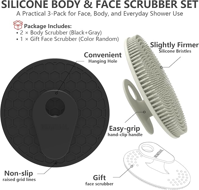 Silicone Body and Face Scrubber Set 3 Pack, BEAUTAIL Shower Bath Scrubber - Image 6