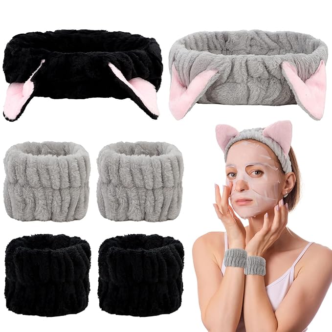 AMCAMI 6 Pcs Spa Set, Cute Make Up Cat Ears Headband Plush Animal Makeup by Amcami