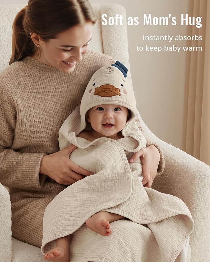 Blissful Diary Muslin Baby Hooded Towel 2 Pack, Soft & Absorbent Bath Towel - Image 4