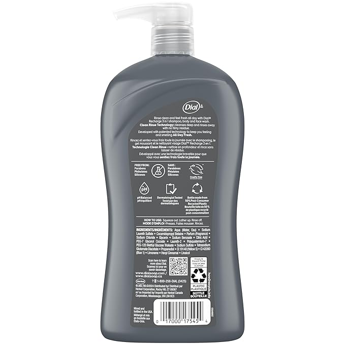 Dial Men 3 in 1 Body, Hair and Face Wash, 32 Fl Oz, Cedar Leaf Scent, Cleanses - Image 3
