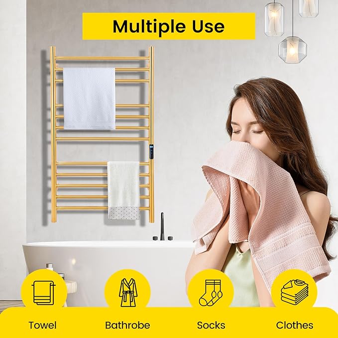 12-Bars Gold Heated Towel Rack–23" Wall Mounted Towel Warmer - Image 6