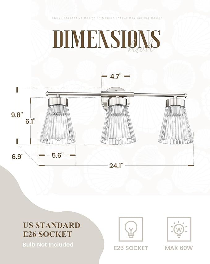 Brushed Nickel Bathroom Vanity Light, HWH 3-Light Vanity Lights - Image 2