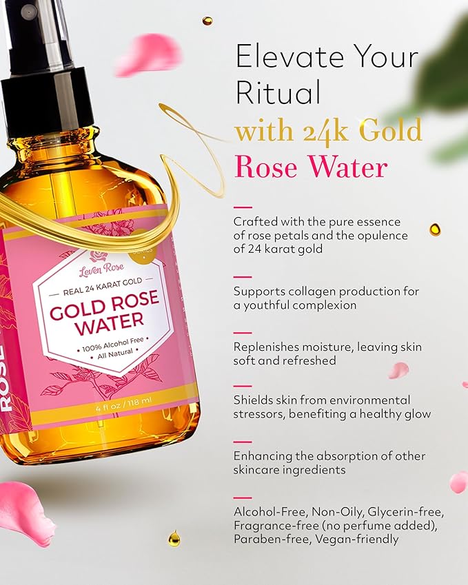 24 Karat Gold Rose Water Toner by Leven Rose Natural Moroccan 24K Rosewater - Image 2