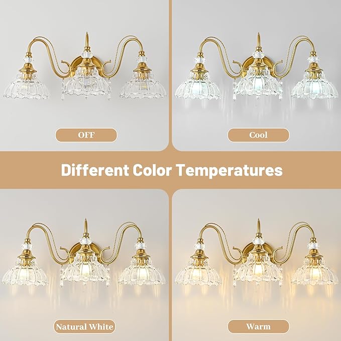 Vintage Bathroom Vanity Light, 3-Light Brushed Gold Finish Wall Sconce - Image 8
