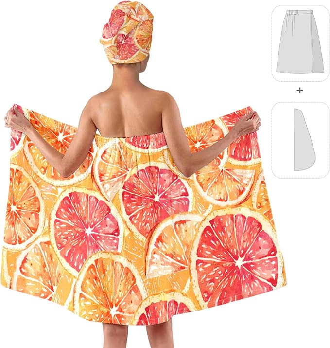 Citrus Print Bath Wrap and Hair Drying Towel Set – Microfiber Quick Dry Shower - Image 2