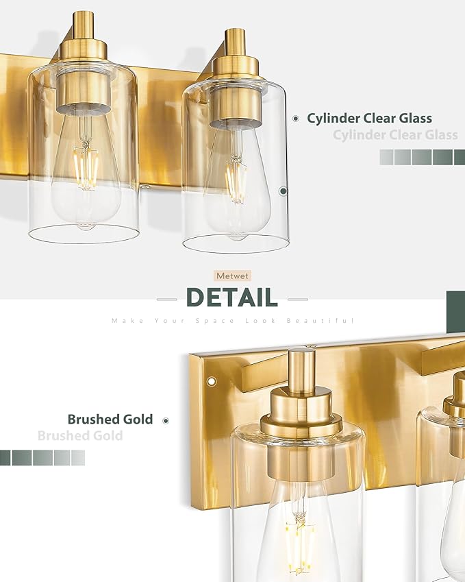 3-Light Bathroom Light Fixtures, Brushed Gold Vanity Light - Image 2