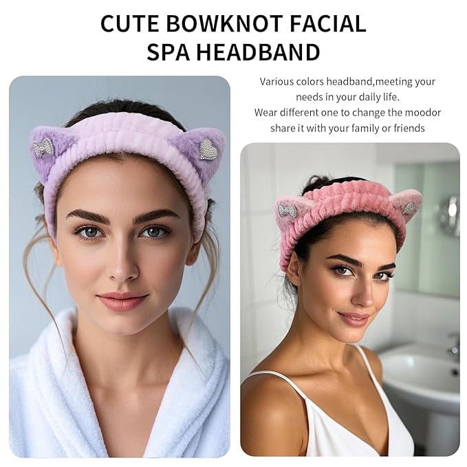 Spa Headband for Washing Face, 2 Pack Cute Cat Ear Hair Band for Shower Yoga - Image 2
