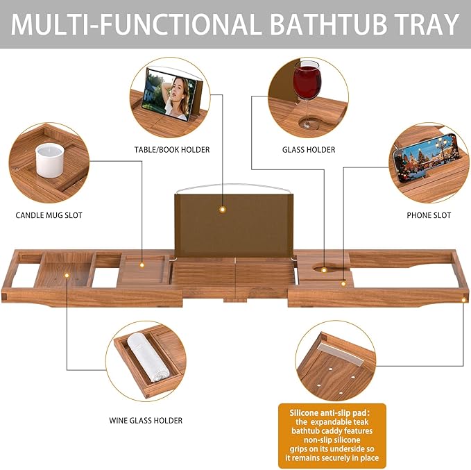 Teak Bathtub Caddy Tray for Tub, Foldable Luxury Bath Table Tray - Image 6
