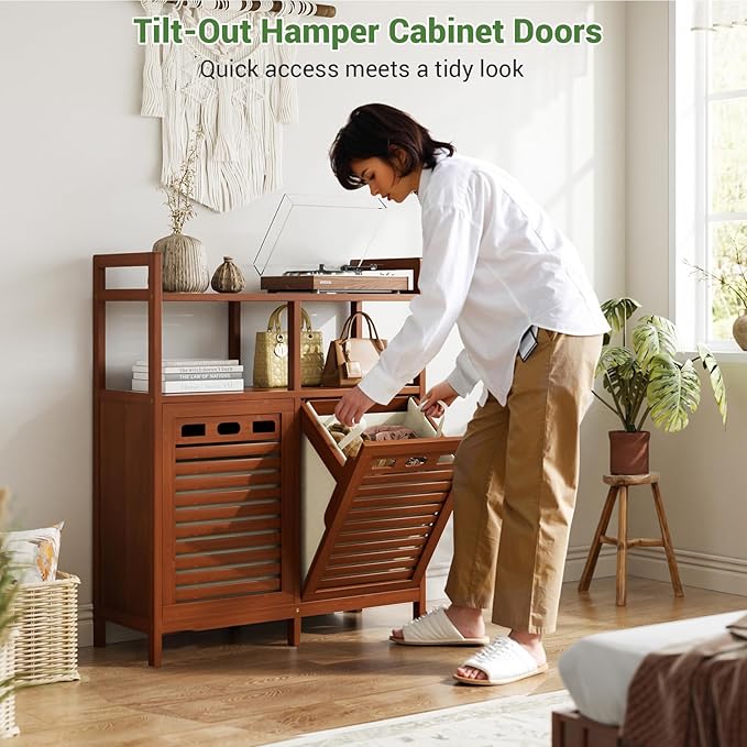 Homykic Tilt Out Laundry Hamper Cabinet, Bamboo Double Laundry Hamper - Image 4