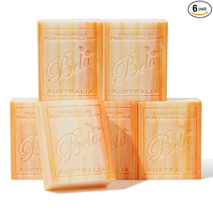 BELA Orange Zest Soap Bars 3.3 OZ Pack of 6, French Triple Milled Bar Soap by BELAPURENATURALSOAPSANDODORELIMINATINGHOMEFRAGRANCES