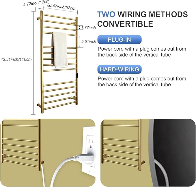 Gold Wall Mounted Heated Towel Rack, Timer & Temperature Control Electric Towel - Image 3