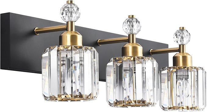 PRESDE Crystal 3 Light Bathroom Vanity Lights Black and Gold Bathroom Lights by HOME