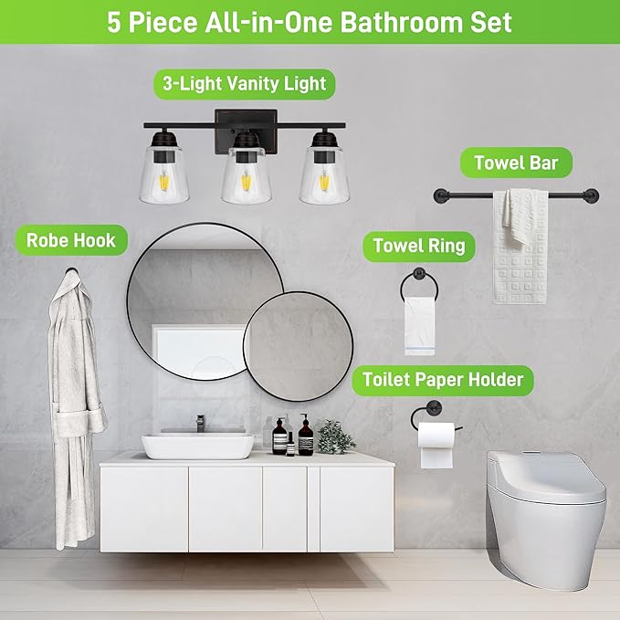 hykolity 3-Light Bathroom Vanity Light, 5-Piece All-in-One Bathroom Set - Image 4