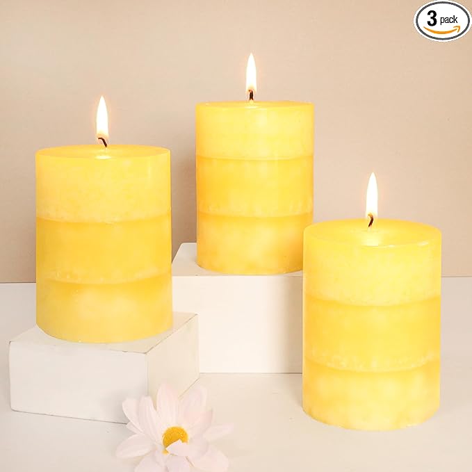 Yellow Pillar Candles 3x4 Inch Hand-Poured Lemon Scented Candles Lemongrass by FLAVCHARM