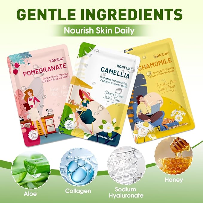 KONEUK 72 Pack Bulk Hydrating Face Masks Skincare, Collagen Sheet Face Mask - Image 3