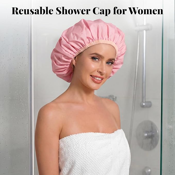 3Pcs Waterproof Shower Cap for Women Reusable, Bath Cap for Long Hair, - Image 3