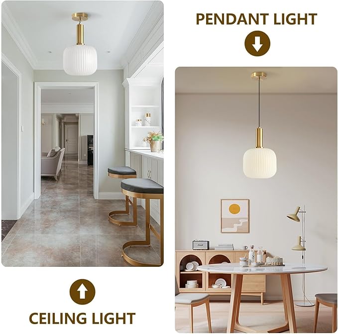 KCO Lighting Milk Glass Pendant Light White Ribbed Glass Pendant Lighting - Image 3