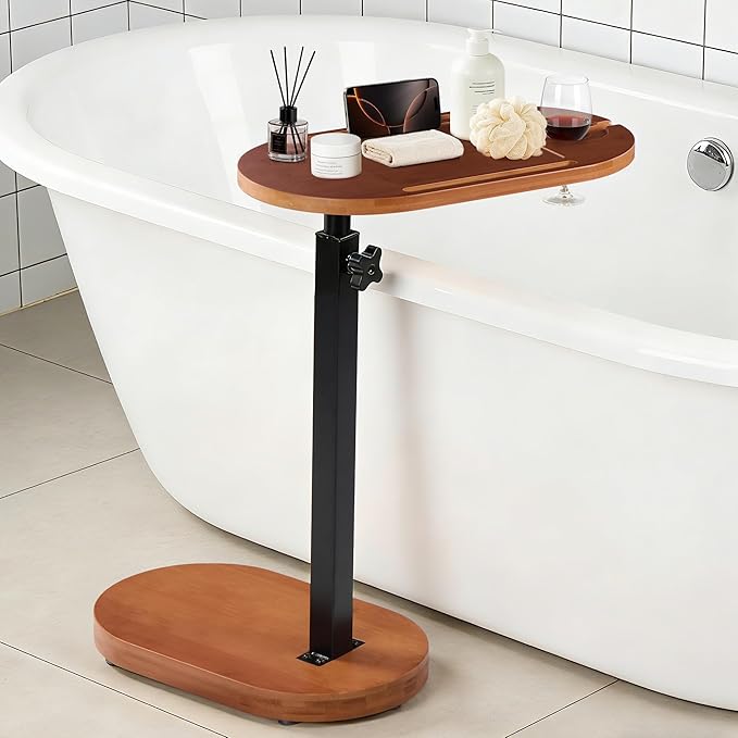 Bamboo Bathtub Side Table, 360° Swivel Height Adjustable Freestanding Bath by VELOHEIM