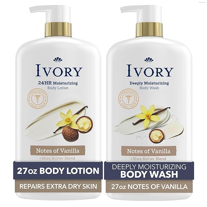 Ivory Hand & Body Lotion + Body Wash Bundle, Vanilla Scent, 24hr Moisturizing & by Ivory