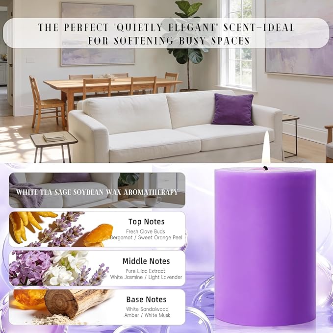 4 Pack Lilac Scented Soy Pillar Candle 2.8x4In, 240H Long Burn, Natural Spring - Image 2