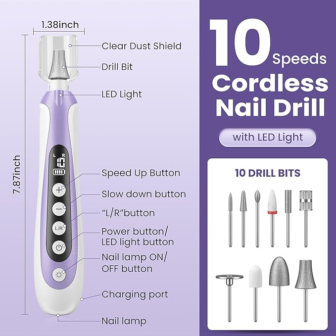 Nail Drill, Electric Nail File & 10-Speed Cordless Nail File, 10 in 1 Kit - Image 8