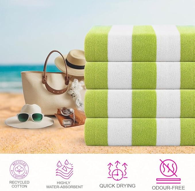 CASA COPENHAGEN Cabana Towel 4Pcs Green Designer Stripe Beach Towels Gift Set - Image 2