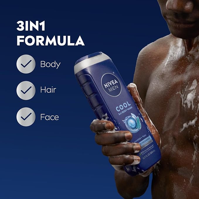 NIVEA MEN Cool Body Wash, Icy Menthol and Yuzu Scent, 3-in-1 Men's Body Wash - Image 3